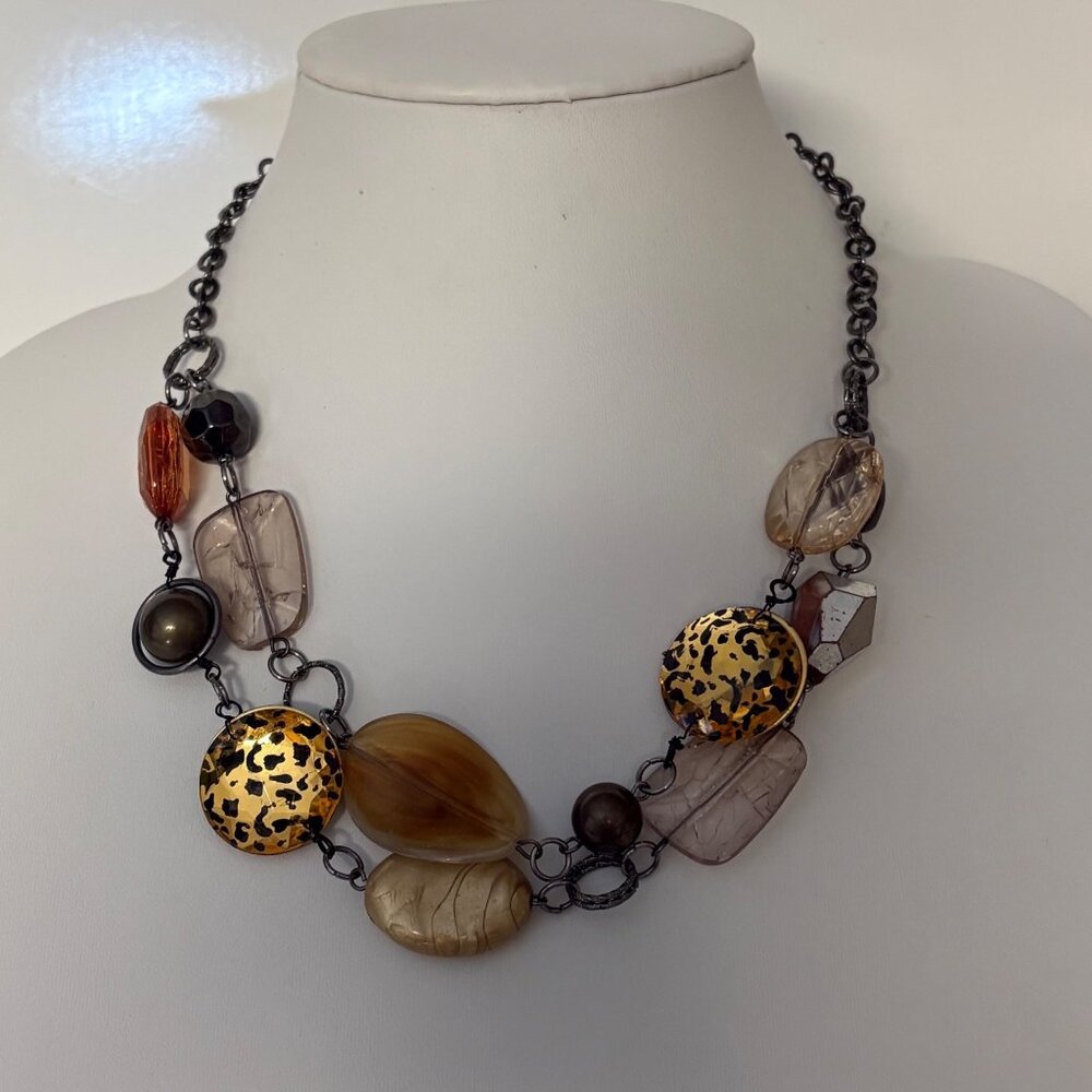 Chunky Leopard Beaded Statement Necklace Multi Tone Browns Fashion Jewelry